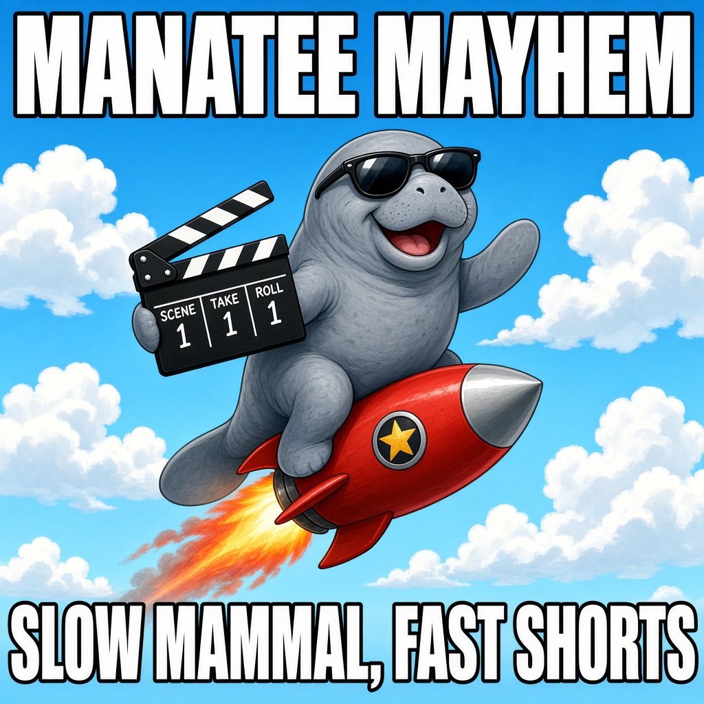 Cartoon manatee in sunglasses riding a rocket holding a clapperboard. Caption: Manatee Mayhem, slow mammal, fast shorts.